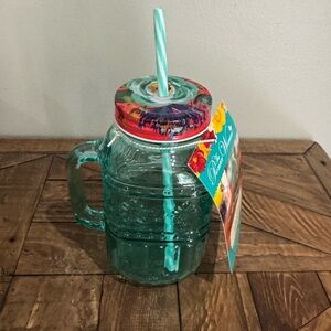 The Pioneer Woman Cassie Mason Jar Drinking Glass with Lid & Straw 32 OZ NWT